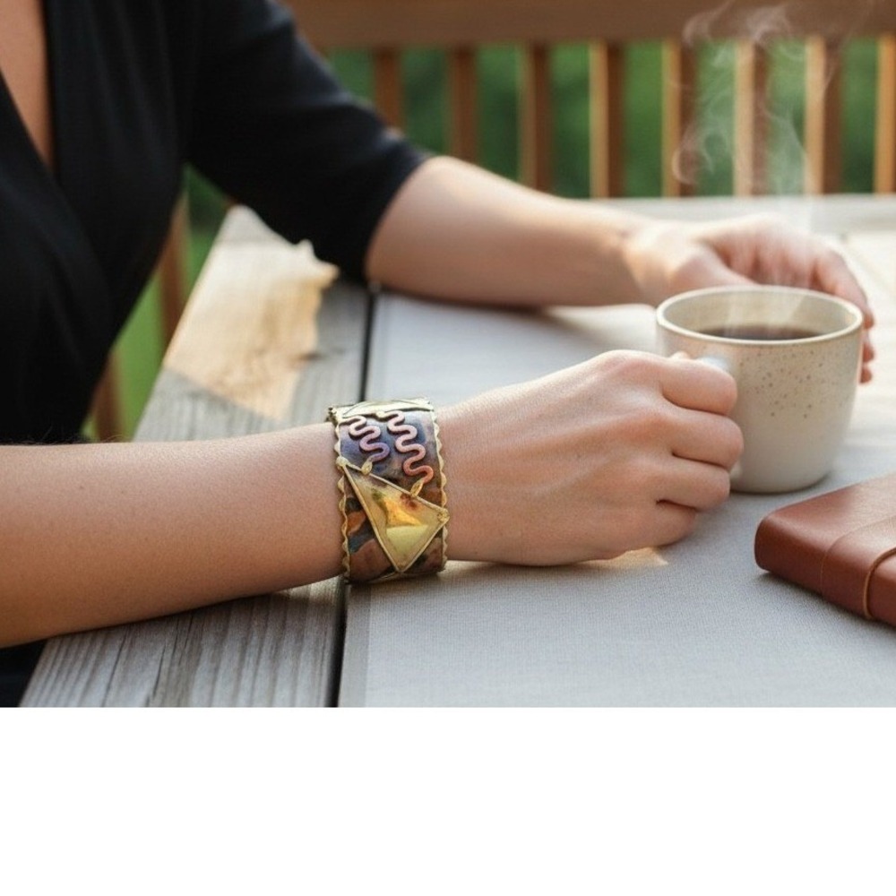 Vintage Brutalist Wide Copper Brass Cuff Bracelet Abstract‎ Statement